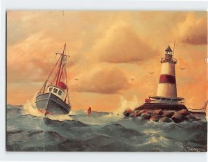 Postcard Latimer Reef Lighthouse and a fishing dragger By Ellery Thompson NY USA