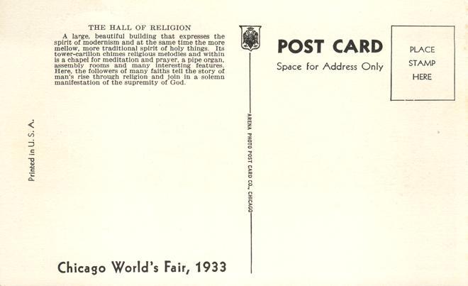 The Hall of Religion - 1933 - Chicago World Fair IL, Illinois - Linen