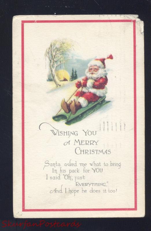 SANTA CLAUS RIDING SLED MERRY CHRISTMAS ANTIQUE VINTAGE POSTCARD 