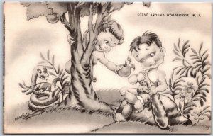 Scene Around Woodbridge New Jersey Adan Eve & Snake Cartoon Postcard