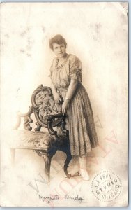 c1910s Young Lady RPPC Woman Fancy Wood Carved Chair Real Photo PC JJ Fein A171