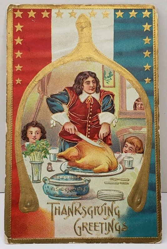 Thanksgiving Patriotic Turkey Gold Wishbone Pretty Dish 1909 Postcard A9