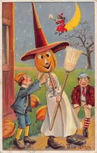 J78/ Halloween Postcard Holiday c1910 Witch Pumpkin Head Broom 412