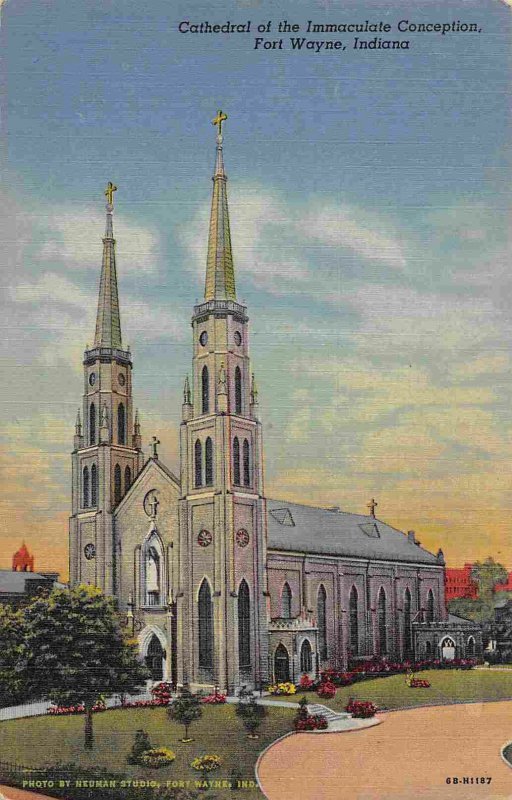 Cathedral Immaculate Conception Fort Wayne Indiana linen postcard