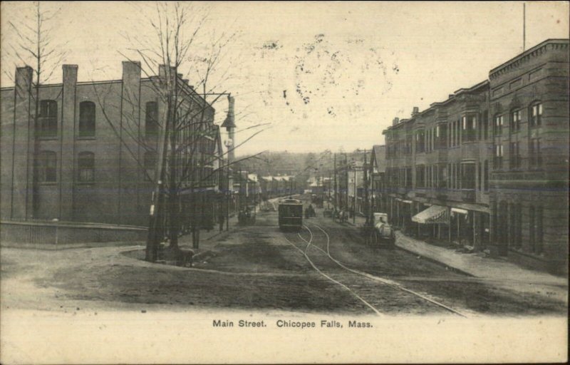 Chicopee Falls Ma Main St Trolley C1910 Postcard United States