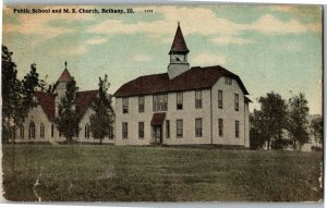 Public School and Methodist Episcopal Church Bethany IL Vintage Postcard C42