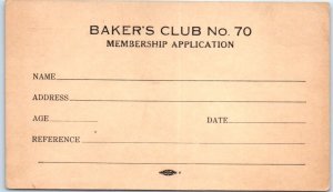 Postcard - Baker's Club No. 70 Membership Application 