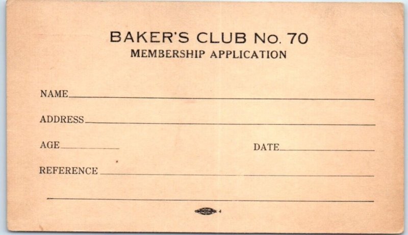 Postcard - Baker's Club No. 70 Membership Application 