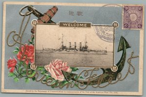 JAPANESE 1908 VISIT OF AMERICAN FLEET ANTIQUE POSTCARD w/ STAMP 