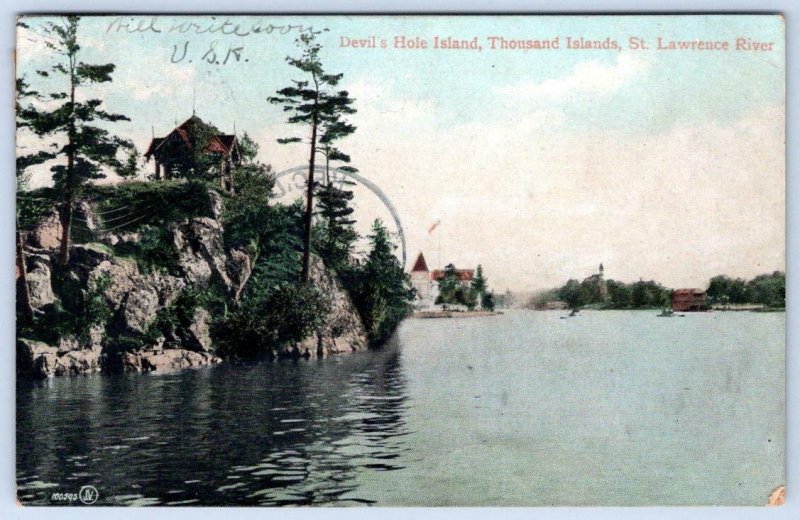 1906 DEVIL'S HOLE ISLAND THOUSAND ISLANDS ST LAWRENCE RIVER ANTIQUE POSTCARD 