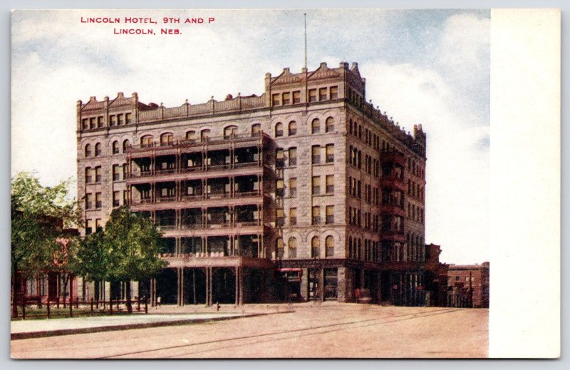 Lincoln Hotel 9th And P Lincoln Nebraska NE Roadway And Trees Landmarks Postcard