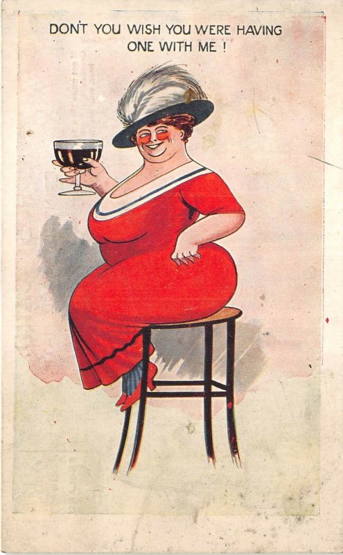 US6156 fat woman serving a drink comic postcard uk artist signed