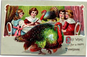 Happy Thanksgiving, Turkey Dinner Family Embossed Vintage Postcard I04