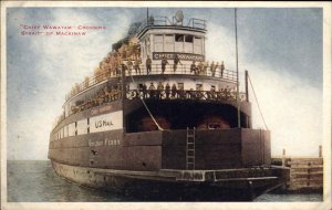 Strait of Mackinac Michigan MI Chief Wawatam US Mail Ship Vintage Postcard
