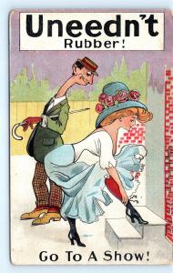 Postcard Risque Comic Uneedn't Rubber Go to a Show Pre 1920s J14