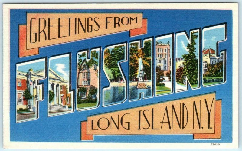 Large Letter Linen FLUSHING, LONG ISLAND, NEW YORK NY  c1940s Tomlin  Postcard