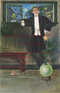 Art Nouveau, P Schmidt No 55, High Society Gentleman in Tuxedo Stands by Window