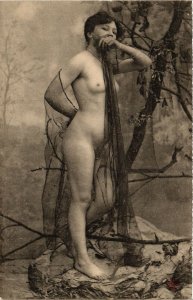 PC CPA RISQUE NUDE FEMALE, LADY POSING WITH A VEIL, VINTAGE POSTCARD (b3381)