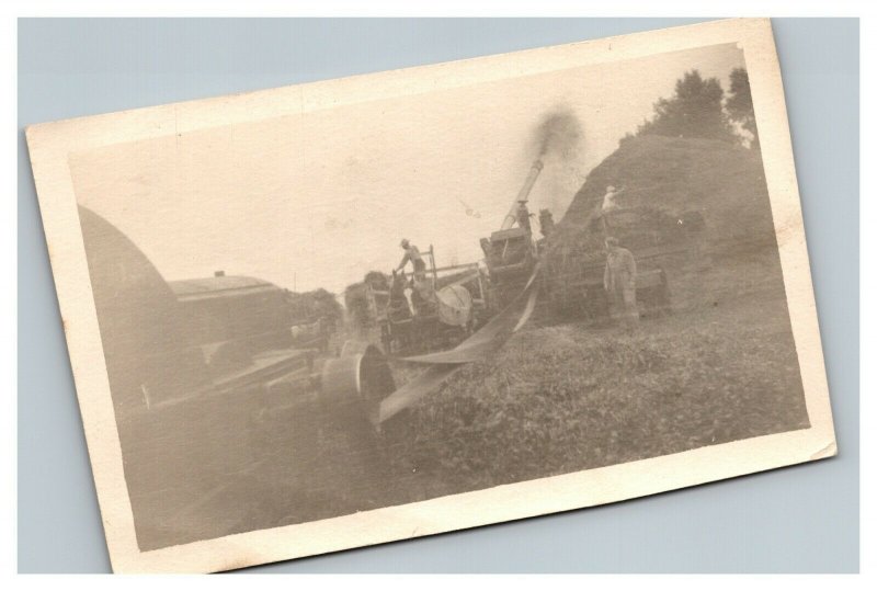 Vintage 1920's RPPC Postcard Wheat Farming Machinery Farmers Watching