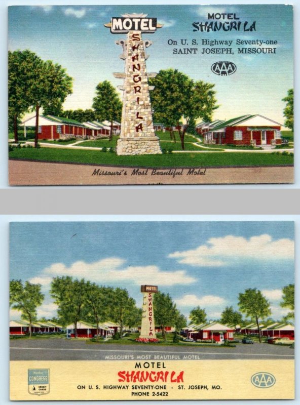 2 Postcards ST. JOSEPH, Missouri MO ~ Roadside SHANGRI-LA MOTEL c1940s Linens