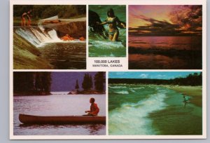 100,000 Lakes, Manitoba, Chrome Multiview Postcard, 5 Views, Red Canoe, Beach