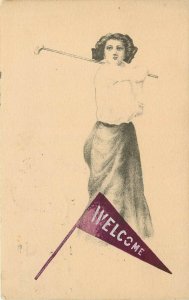 c1911 Postcard Woman Golfer, Pennant, DPO 4 Posted Welcome WI Outagamie County