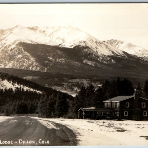 c1940s Dillon, CO Wild Wood Lodge RPPC Snow Mountain Road Winter Postcard A36