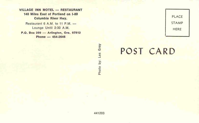 Village Inn Motel Restaurant Columbia River Highway Arlington Oregon postcard