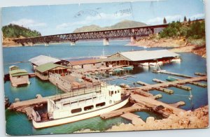 postcard CA - Auto Rail Bridge Sacramento RIver Pit River Boat Harbor Bridge Bay