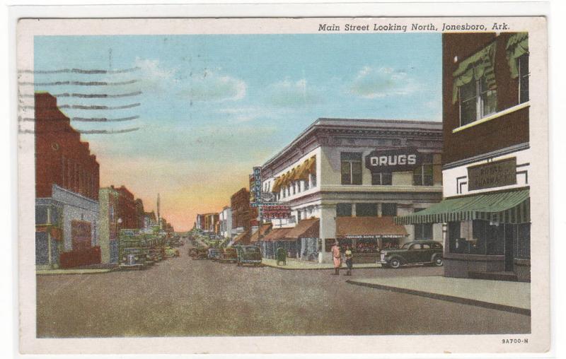 Main Street Cars Drug Store Jonesboro Arkansas 1949 postcard