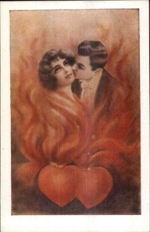 Valentine Romance Fantasy Couple in Heart Flames Artist? c1910 Postcard #2