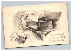 Vintage 1913 Comic Postcard - Beautiful Elegant Woman Plays Grand Piano