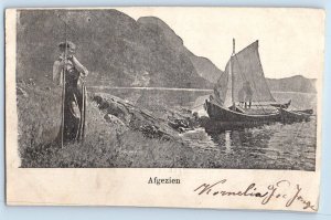 Netherlands Postcard Afgezien Lady Boat Beach Mountain 1902 Antique Posted
