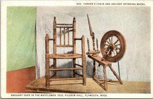 Massachusetts Plymouth Governor Carver's Chair & Old Spinning Wheel Curt...