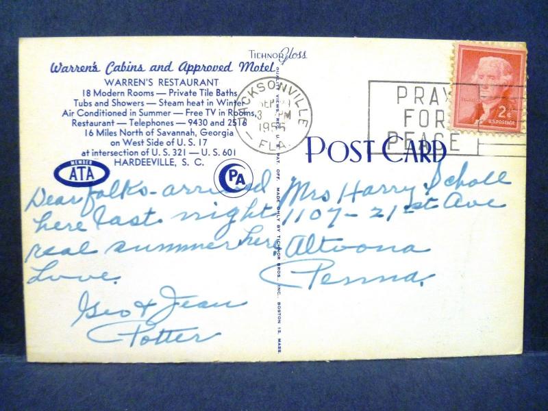 Postcard SC Hardeeville Warren's Tourist Court & Restaurant 1950's
