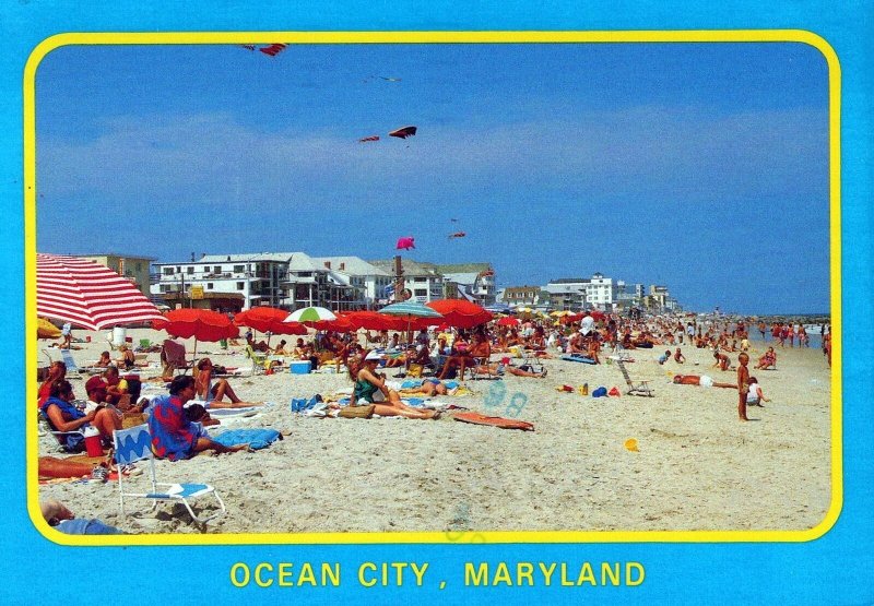 VINTAGE POSTCARD CONTINENTAL SIZE RELAXING ON THE BEACH AT OCEAN CITY MARYLAND