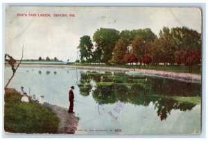 1911 North Park Lagoon Boat Lake Scene Oshkosh Wisconsin WI Antique Postcard 