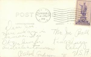 Jan 18 1938 Pago Pago, Samoa Postmark Tied Hawaii Stamp Real Photo Postcard
