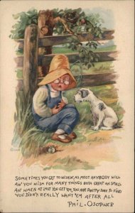 Phil.Osopher Little Boy Farmer with Dog Kids and Dogs Vintage Postcard