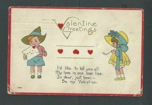 Ca 1914 Post Card Valentine W/Poem Boy Sending Note To Girl Embossed