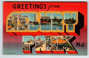 Greetings From Asbury  Park New Jersey Linen Large Letter Postcard Boardwalk NJ