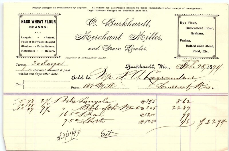 1894 BURKHARDT WISCONSIN C. BURKHARDT GRAIN DEALER BILLHEAD INVOICE Z640