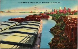 Postcard Missouri - Barges on the Mississippi  - Commercial Traffic St. Louis