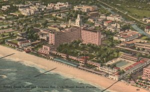 Vintage Postcard 1930's Roney Plaza Hotel & Cabana SUN Club Miami Beach Florida