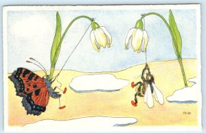 TRIBI Artist Signed FANTASY BUGS Flower Bee BUTTERFLY ~ Stehli Postcard