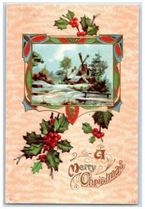 c1910's Christmas Windmill House Scene Holly Berries P. Sander Embossed Postcard