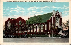 Postcard Alabama Birmingham 6th Avenue Presbyterian Church Old Cars 1920s V189