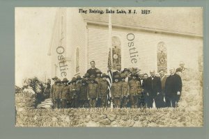 Echo Lake NEW JERSEY RPPC 1917 BOY SCOUTS Scout FLAG RAISING Ministers nr Dover