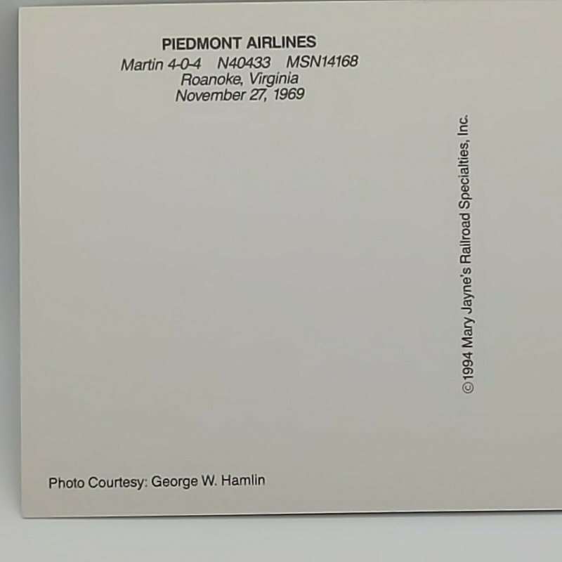 Postcard Piedmont Airline Martin 404 Roanoke Virginia 1969 Airplane Prop Job