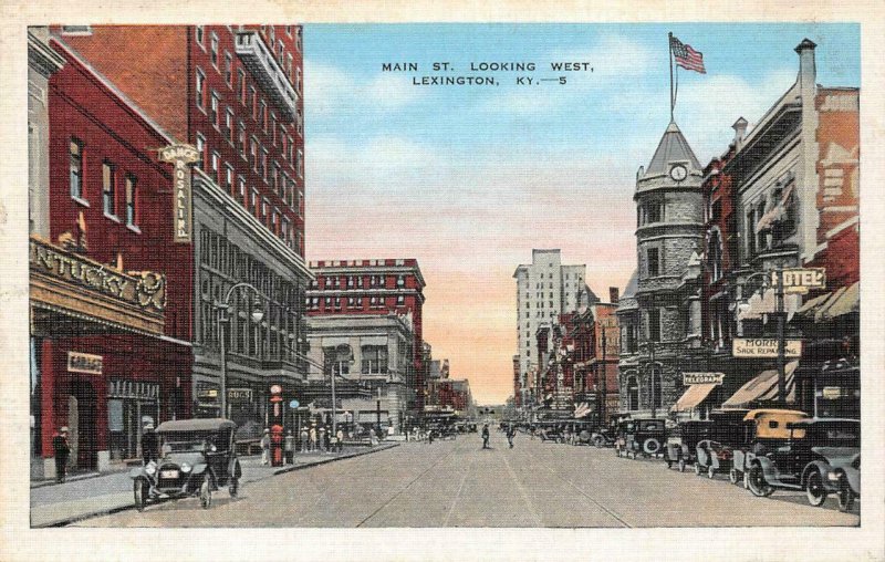 MAIN STREET LOOKING WEST LEXINGTON KENTUCKY POSTCARD (c. 1920)